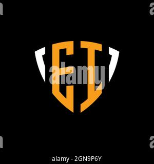 EI logo with shield white orange shape design template isolated on black background Stock Vector