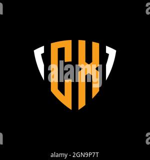 CX logo with shield white orange shape design template isolated on black background Stock Vector