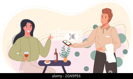 Characters using mobile payment system with scan qr code. Vector illustration Stock Vector