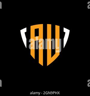 AU logo with shield white orange shape design template isolated on black background Stock Vector