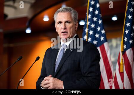 Washington, United States. 23rd Sep, 2021. House Minority Leader Kevin McCarthy (R-CA) speaks at his weekly press conference. Credit: SOPA Images Limited/Alamy Live News Stock Photo