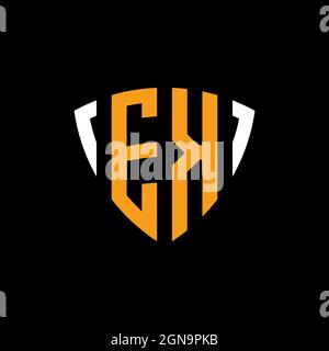 EK logo with shield white orange shape design template isolated on black background Stock Vector