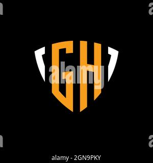 GH logo with shield white orange shape design template isolated on black background Stock Vector