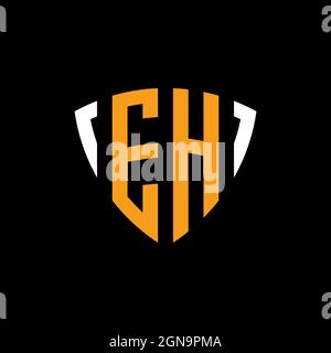 EH logo with shield white orange shape design template isolated on black background Stock Vector