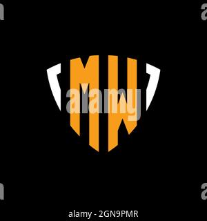 MW logo with shield white orange shape design template isolated on black background Stock Vector