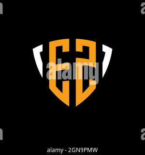 EZ logo with shield white orange shape design template isolated on black background Stock Vector
