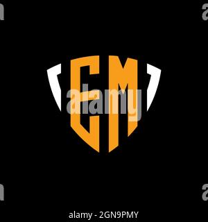 EM logo with shield white orange shape design template isolated on black background Stock Vector