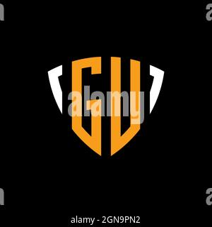 GU logo with shield white orange shape design template isolated on black background Stock Vector