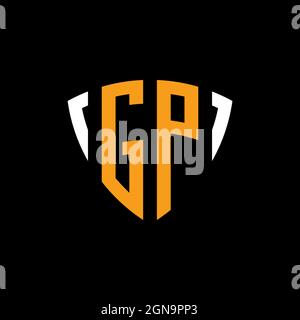 GP logo with shield white orange shape design template isolated on black background Stock Vector