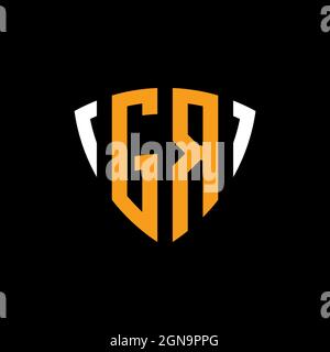GR logo with shield white orange shape design template isolated on black background Stock Vector
