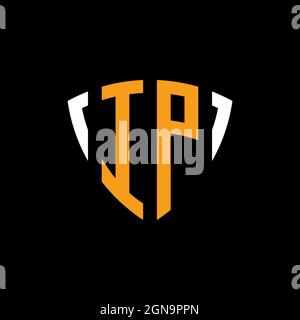 IP logo with shield white orange shape design template isolated on black background Stock Vector