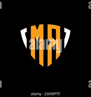 MR logo with shield white orange shape design template isolated on black background Stock Vector