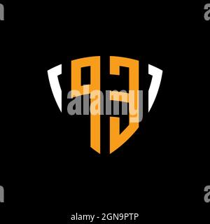 PE logo with shield white orange shape design template isolated on black background Stock Vector
