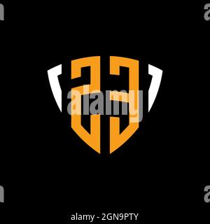 ZE logo with shield white orange shape design template isolated on black background Stock Vector