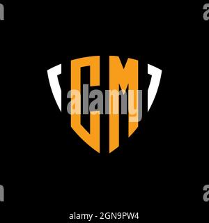 CM logo with shield white orange shape design template isolated on black background Stock Vector