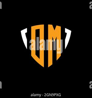 OM logo with shield white orange shape design template isolated on black background Stock Vector