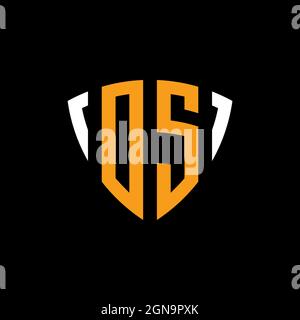 OS logo with shield white orange shape design template isolated on black background Stock Vector