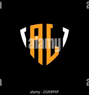 AJ logo with shield white orange shape design template isolated on black background Stock Vector
