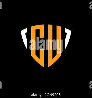 CU logo with shield white orange shape design template isolated on black background Stock Vector