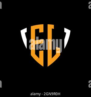 EJ logo with shield white orange shape design template isolated on black background Stock Vector