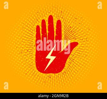 Vintage vector illustration of a hand with lightning. Retro vector poster of red hand with lightning. Stock Vector