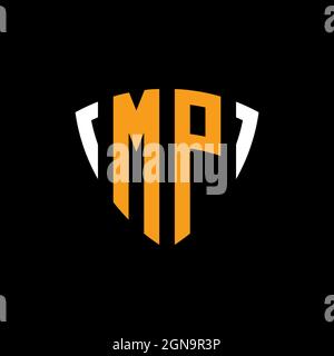 MP logo with shield white orange shape design template isolated on black background Stock Vector