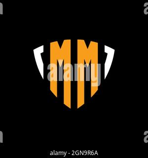 MM logo with shield white orange shape design template isolated on black background Stock Vector