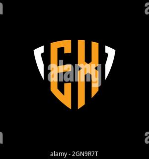 EX logo with shield white orange shape design template isolated on black background Stock Vector
