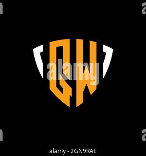 QW logo with shield white orange shape design template isolated on black background Stock Vector