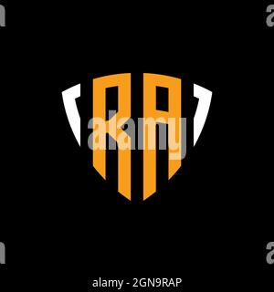RA logo with shield white orange shape design template isolated on black background Stock Vector
