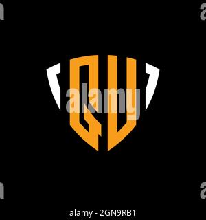 QU logo with shield white orange shape design template isolated on black background Stock Vector