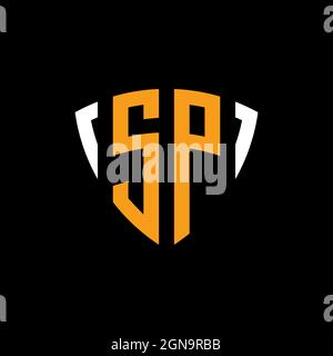 SP logo with shield white orange shape design template isolated on black background Stock Vector