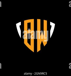 BW logo with shield white orange shape design template isolated on black background Stock Vector