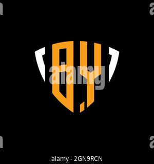 BY logo with shield white orange shape design template isolated on black background Stock Vector