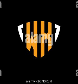 WX logo with shield white orange shape design template isolated on black background Stock Vector