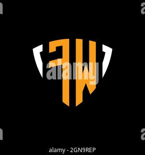 FW logo with shield white orange shape design template isolated on black background Stock Vector