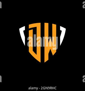 DW logo with shield white orange shape design template isolated on black background Stock Vector