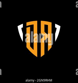 DR logo with shield white orange shape design template isolated on black background Stock Vector