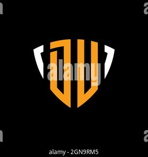 DU logo with shield white orange shape design template isolated on black background Stock Vector
