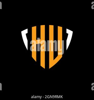 HU logo with shield white orange shape design template isolated on black background Stock Vector