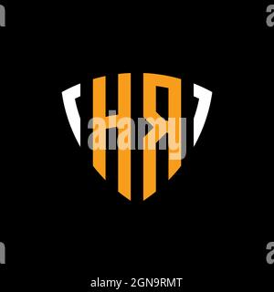HR logo with shield white orange shape design template isolated on black background Stock Vector