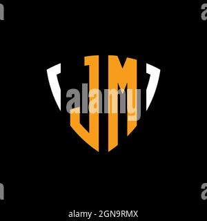 JM logo with shield white orange shape design template isolated on black background Stock Vector