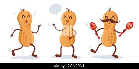 Vector illustration of peanut in different poses. Vector cartoons of peanut. Stock Vector