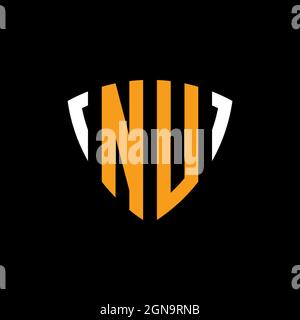 NU logo with shield white orange shape design template isolated on black background Stock Vector