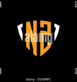 NZ logo with shield white orange shape design template isolated on black background Stock Vector