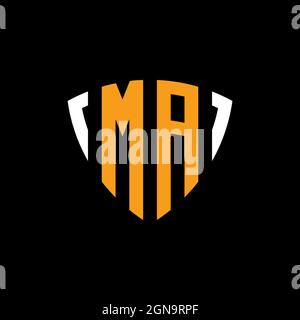 MA logo with shield white orange shape design template isolated on black background Stock Vector