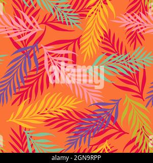 Vector seamless tropical pattern with exotic leaves. Vector floral pattern with tropical plants. Colorful leaves. Stock Vector