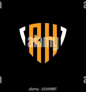 RH logo with shield white orange shape design template isolated on black background Stock Vector