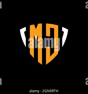 MC logo with shield white orange shape design template isolated on black background Stock Vector