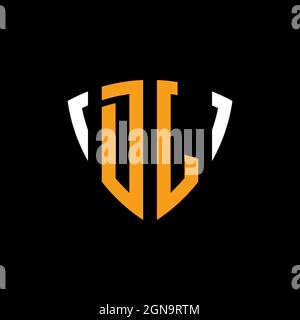 DJ logo with shield white orange shape design template isolated on black background Stock Vector